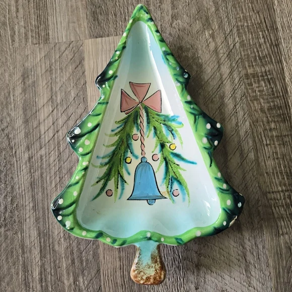 Vintage Japan Ceramic Christmas Tree Dish Blue Bell Pink Bow Hand Painted 10" - Picture 9 of 10
